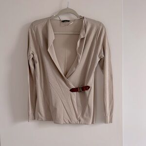 Like new Massimo Dutti Beige Open Front Sweater with leather buckle clip detail